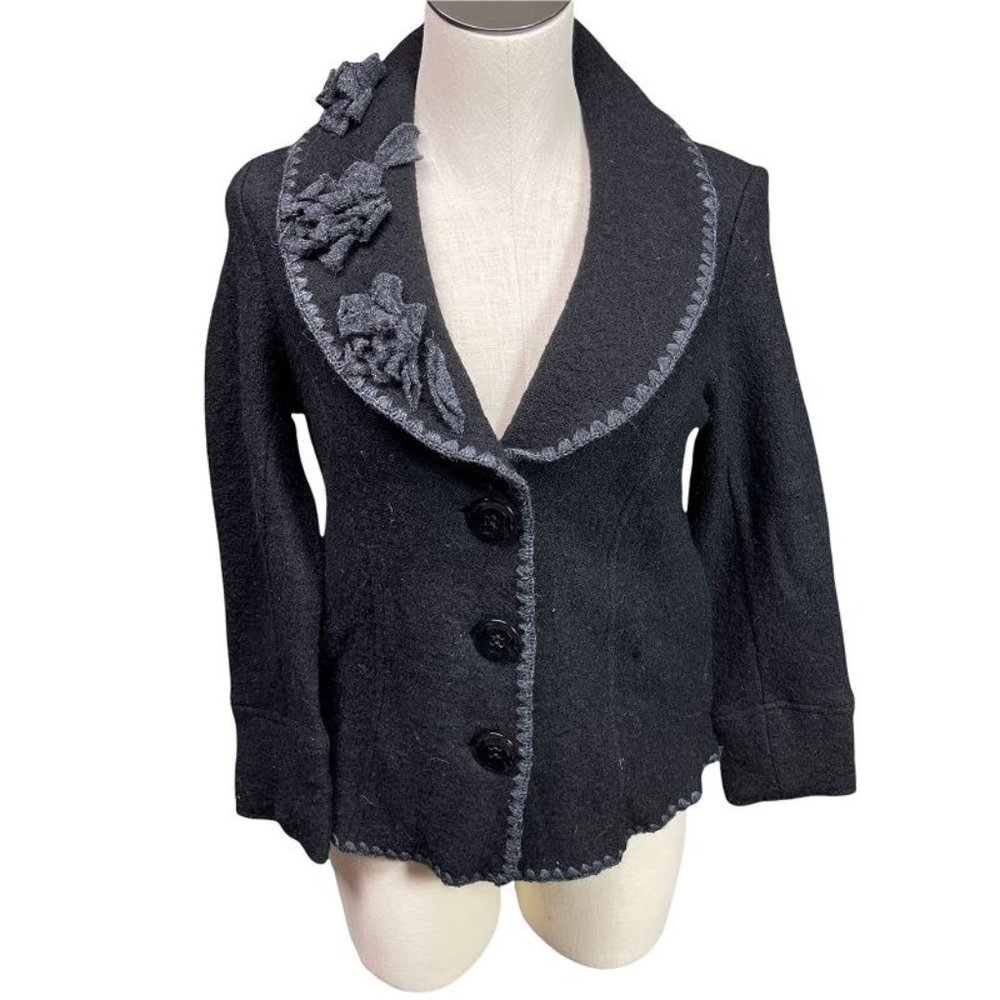Tweeds Black Floral Embroidered Wool  Blazer Jacket Small